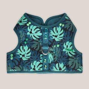 I Love You Dog Harness in Teal & Green Leaves Mesh Pet Vest Bedazzled Sequins